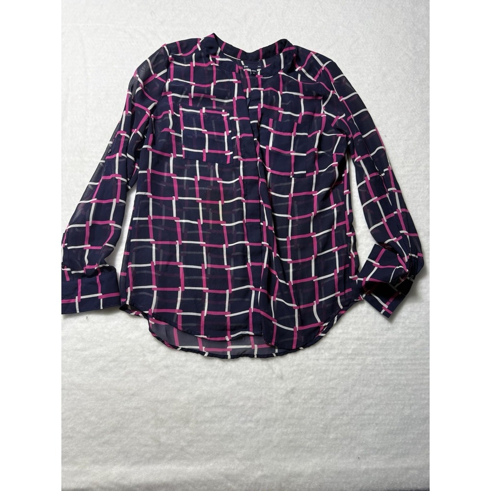 Gap‎ Women's Small Sheer Navy Pink Geometric Plaid Long Sleeve Blouse Top S